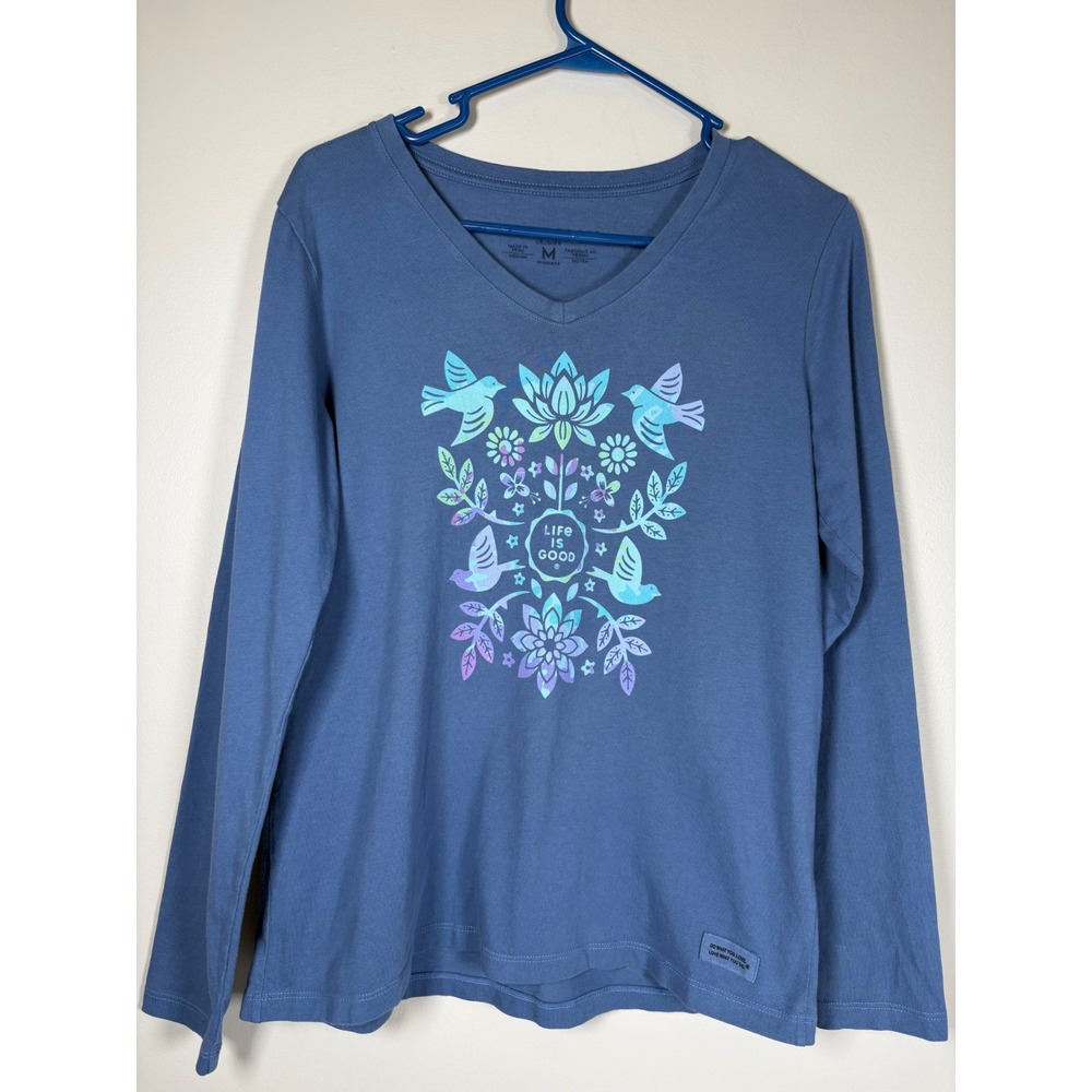 Life is Good Womens Blue Crusher V-Neck Long Sleeve Graphic Tee Bird Floral M